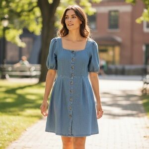 Puff-Sleeve Jean Mini Dress short puff sleeves, a full-button front smocked back